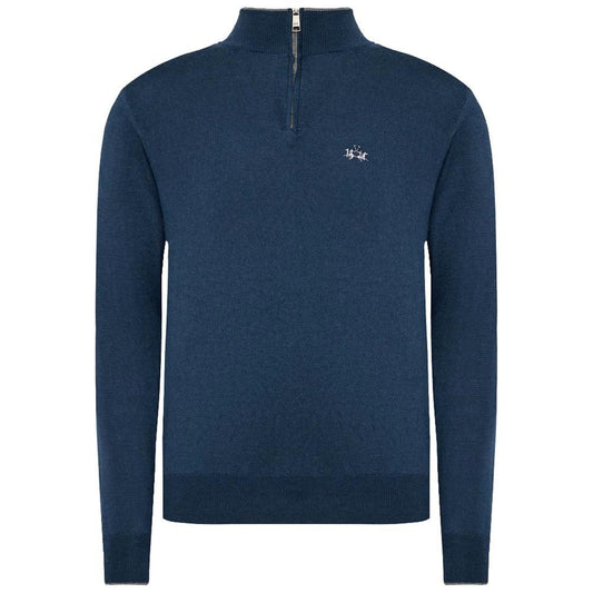 La Martina Blue Wool Men Sweater with Half Zip Closure