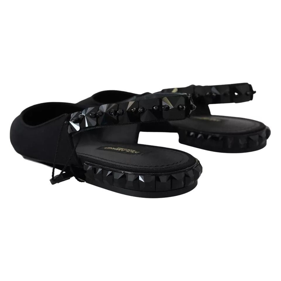 Dolce & Gabbana Black Flats Crystal Slingback Charmeuse Shoes LA10051-36