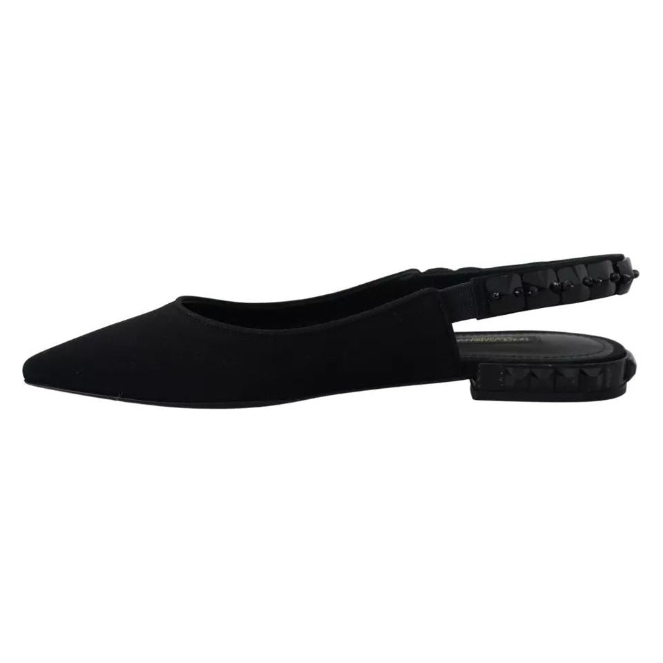 Dolce & Gabbana Black Flats Crystal Slingback Charmeuse Shoes LA10051-36