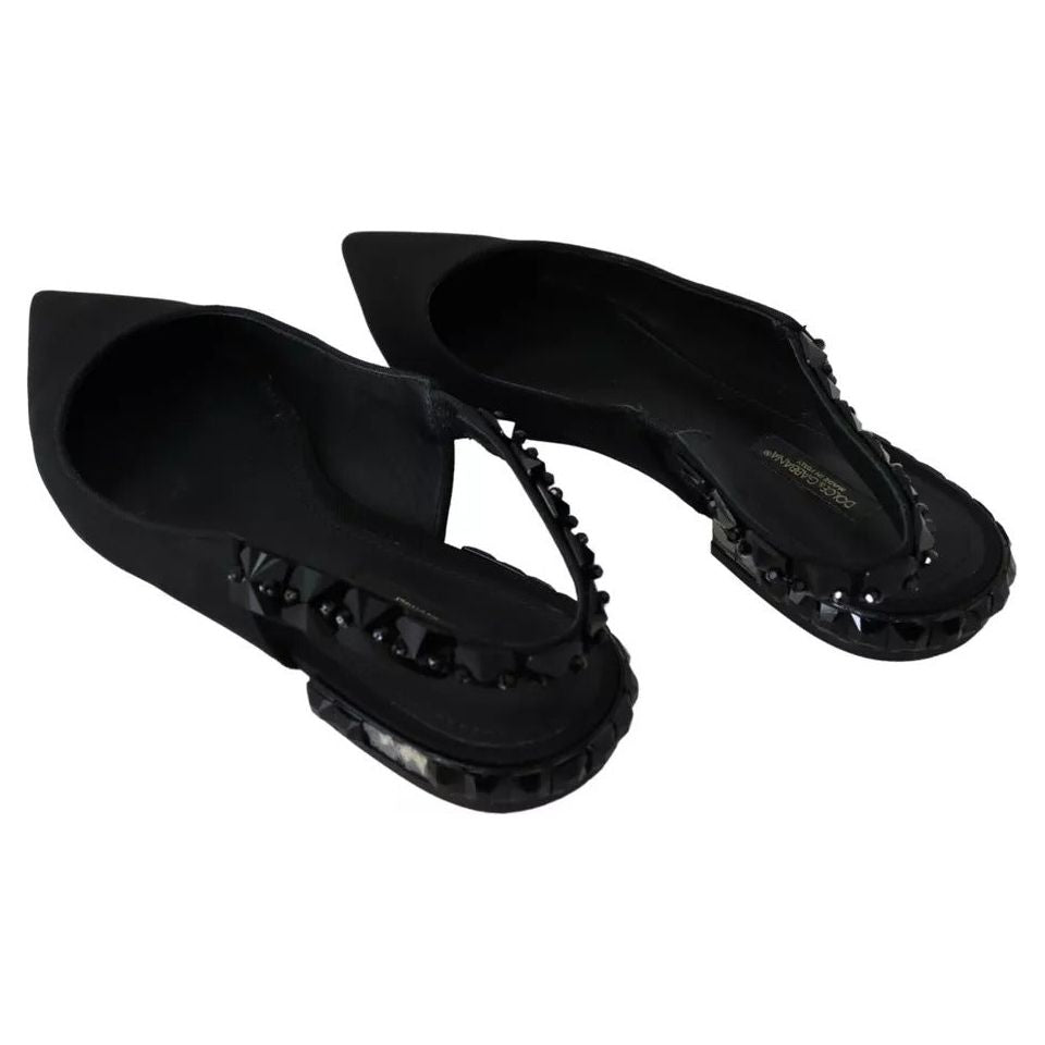 Dolce & Gabbana Black Flats Crystal Slingback Charmeuse Shoes LA8980-37