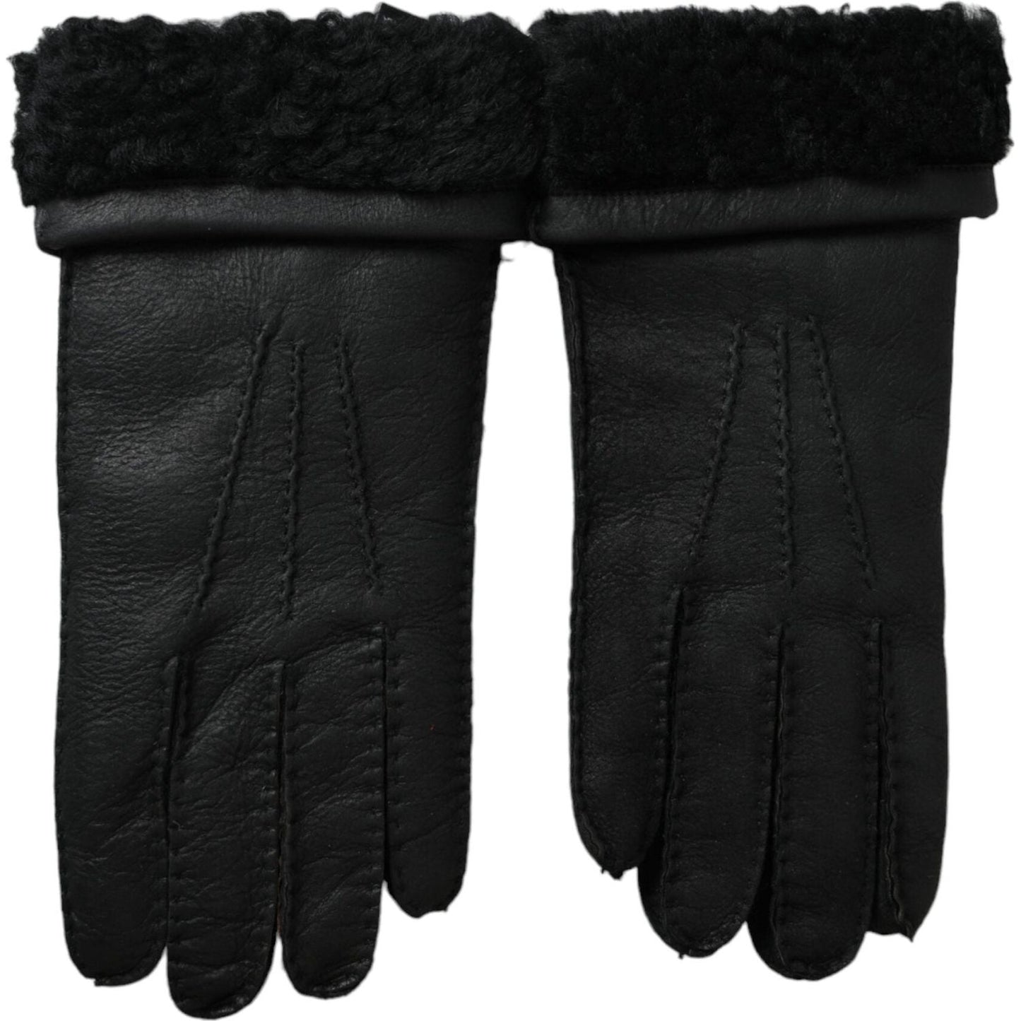 Dolce & Gabbana Black Leather Fur Short Hands Gloves Dolce & Gabbana Black