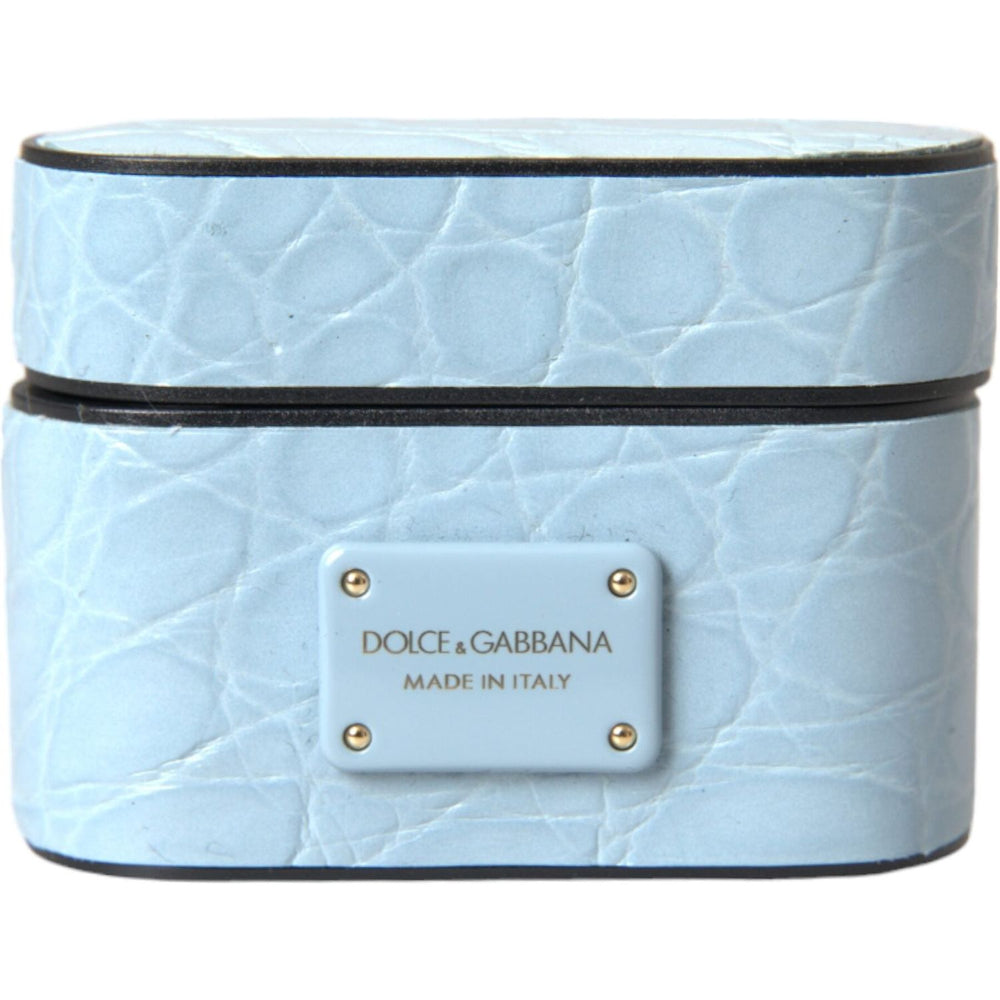 Dolce & Gabbana Light Blue Leather Metal Logo Plaque Airpods Case SMY101331