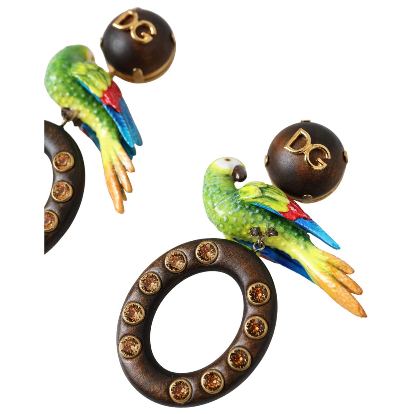 Dolce & Gabbana Multicolor Parrot Wood Brass Crystal Embellished Earrings SMY101251
