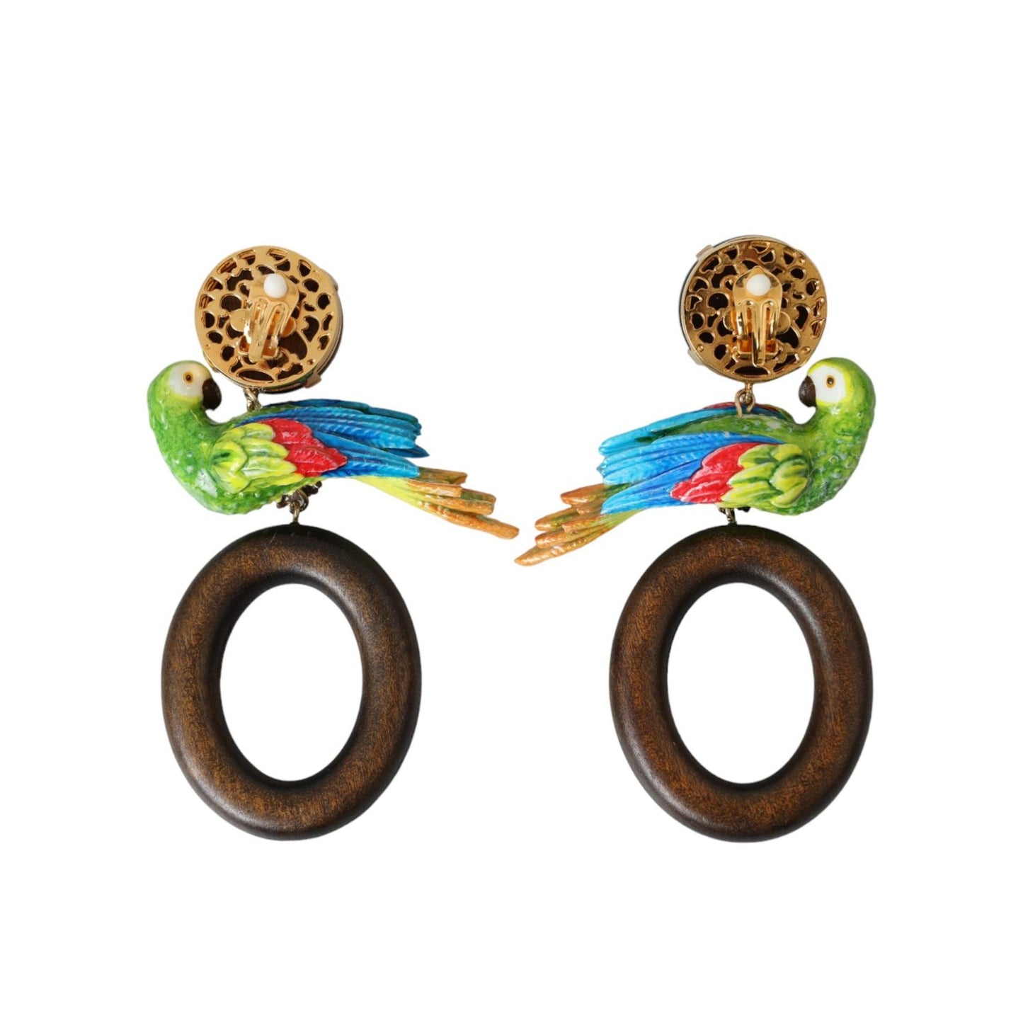 Dolce & Gabbana Multicolor Parrot Wood Brass Crystal Embellished Earrings SMY101251