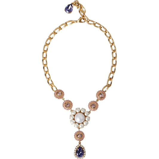 Dolce & Gabbana Gold Brass Crystal Purple Pink Pearl Pendants Necklace Necklace