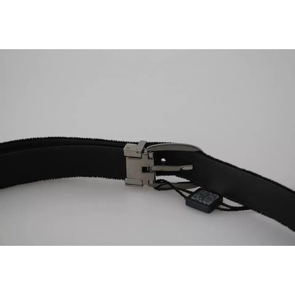 Dolce & Gabbana Black Velvet Silver Tone Metal Buckle Men Belt Dolce & Gabbana Dark Gray