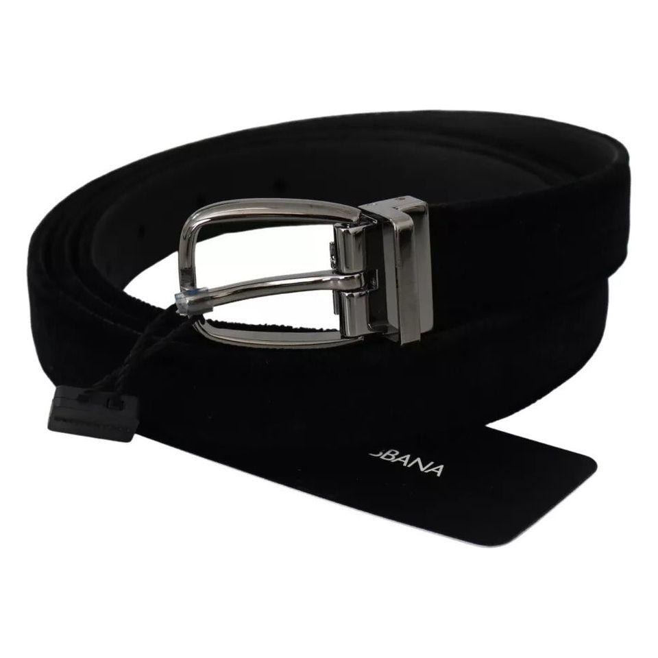 Dolce & Gabbana Black Velvet Silver Tone Metal Buckle Men Belt Dolce & Gabbana Black