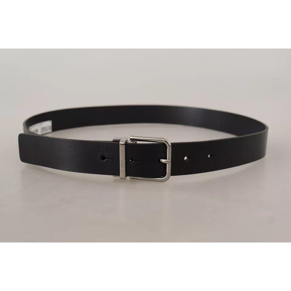 Dolce & Gabbana Black Calf Leather Logo Engraved Metal Buckle Belt Dolce & Gabbana Gray
