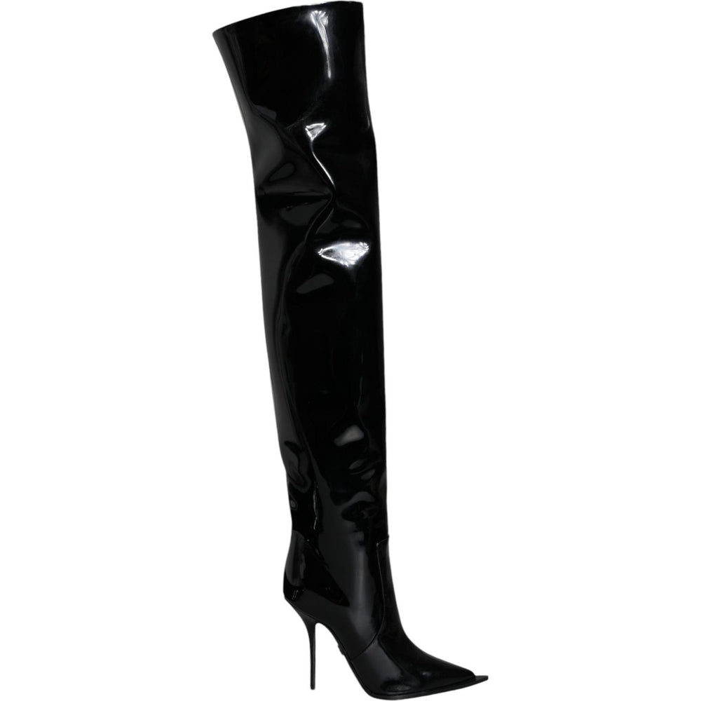 Dolce & Gabbana Black Patent Leather Knee High Boots Shoes LA11527-36.5