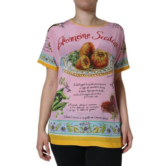 Dolce & Gabbana Pink Silk Araneine Siciliana Print Short Sleeves Top