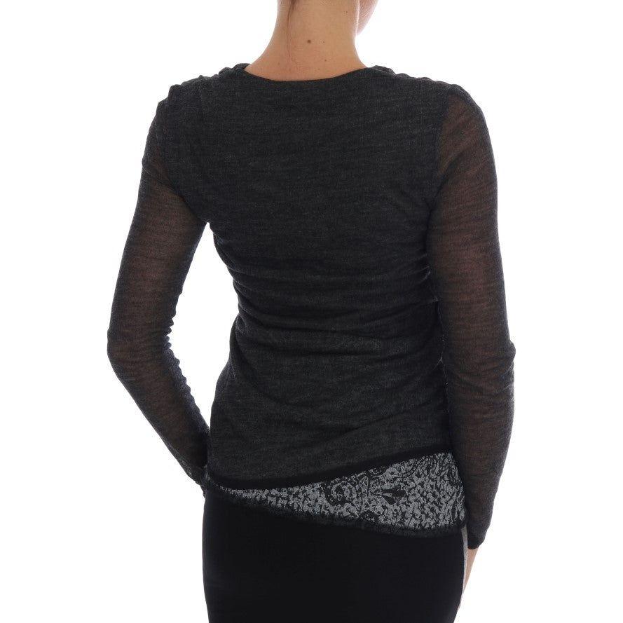 Ermanno Scervino Chic Gray Lace Sleeve Blouse Ermanno Scervino Black