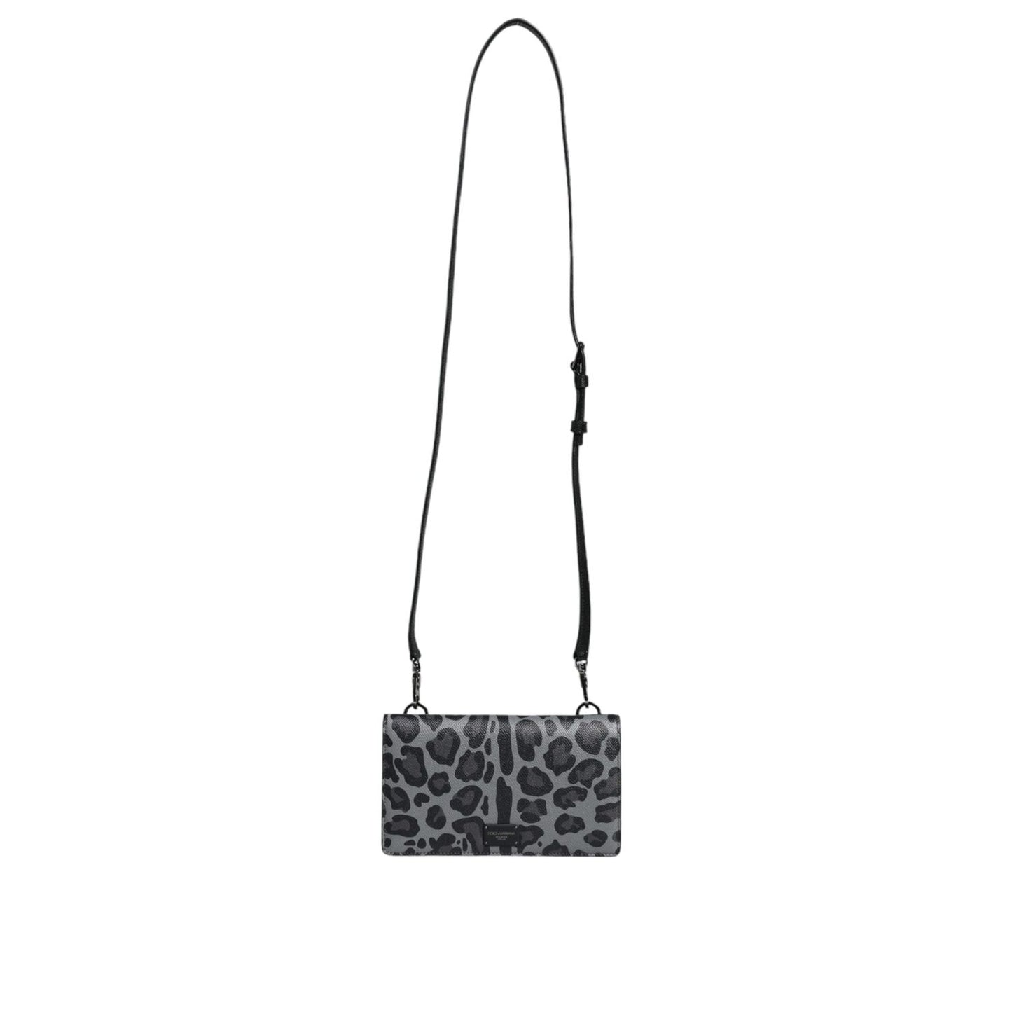 Dolce & Gabbana Black Gray Leopard Leather Bifold Card Slot Crossbody Bag BAG4120