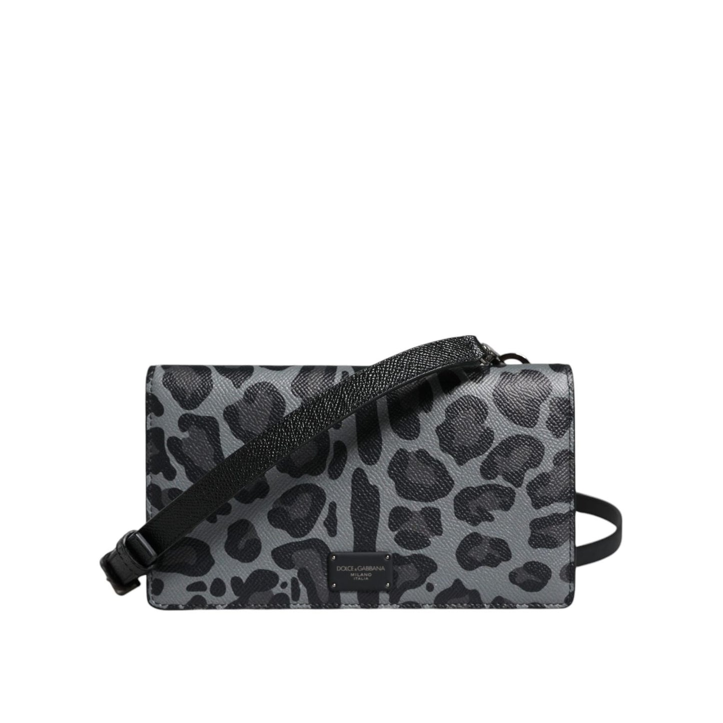 Dolce & Gabbana Black Gray Leopard Leather Bifold Card Slot Crossbody Bag BAG4120