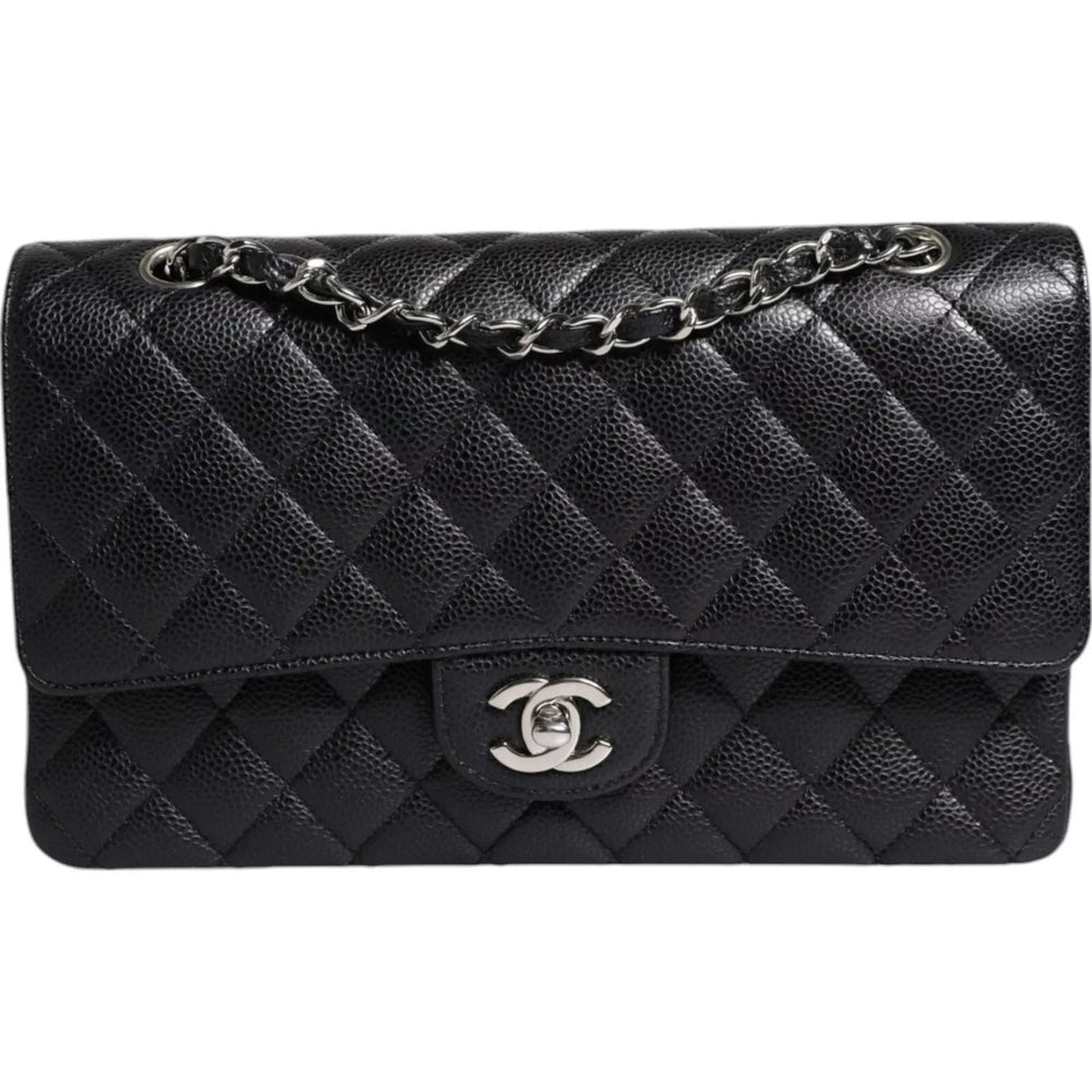 Chanel Black Caviar Medium Classic Double Flap Shoulder Quilted Silver Bag cha187