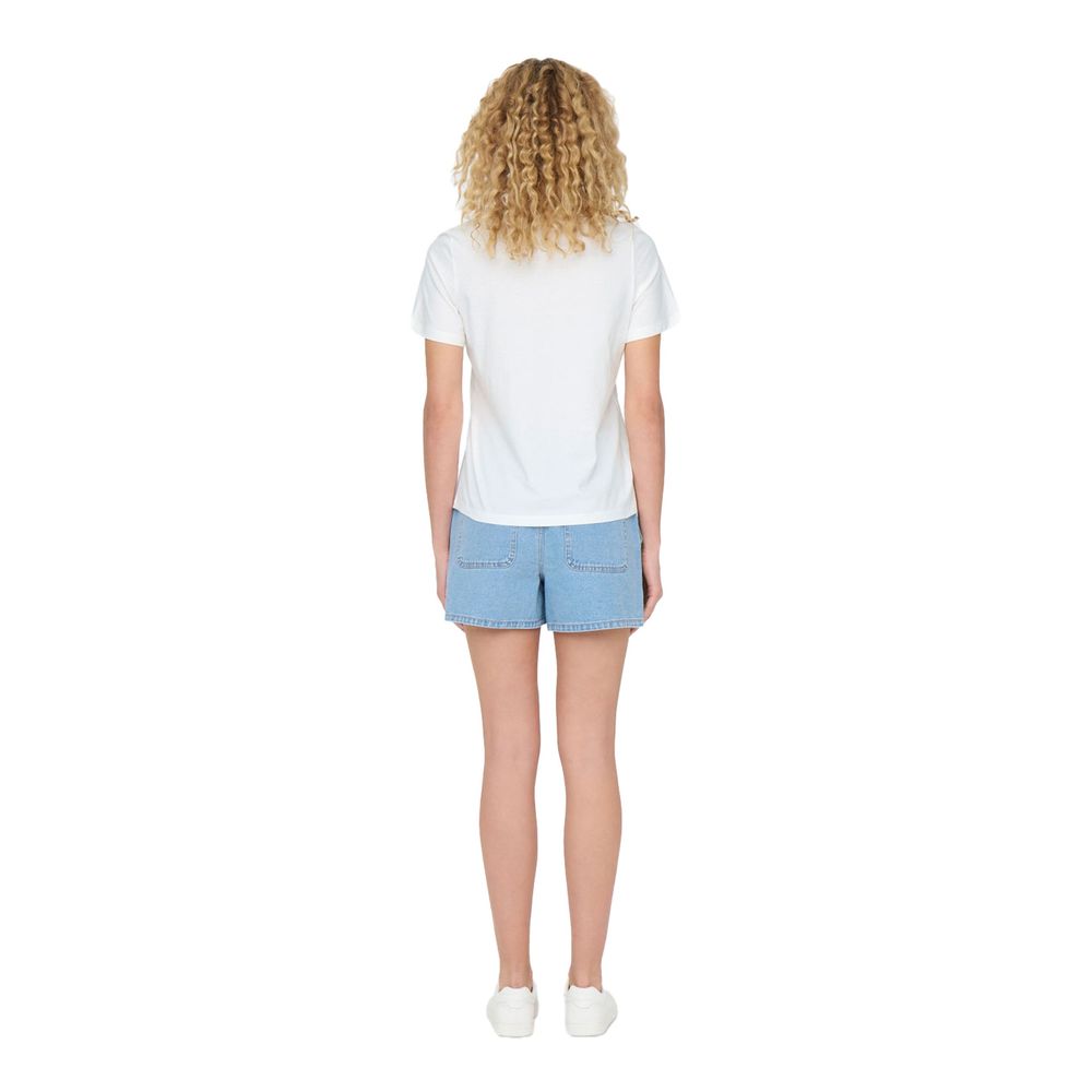 Back view of model wearing Jacqueline De Yong White Cotton T-Shirt, casual summer outfit with denim shorts.