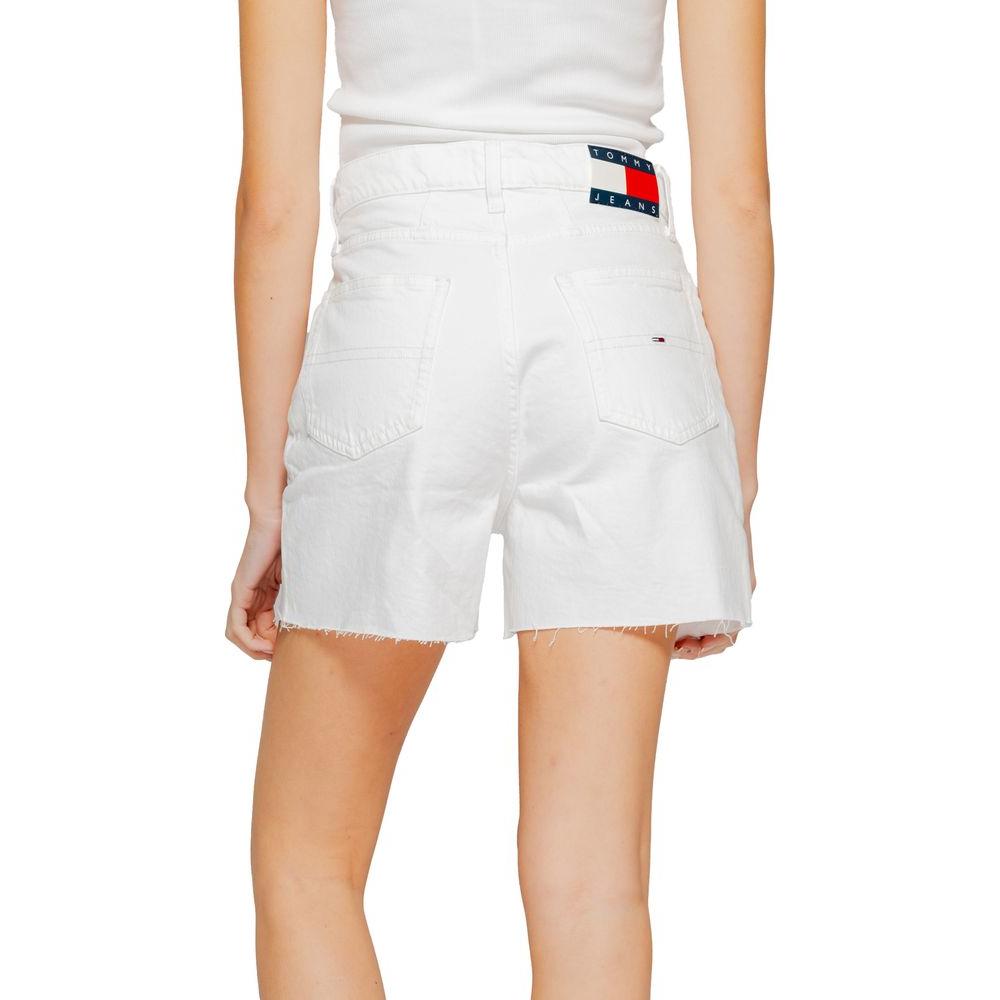 Back view of women's Tommy Hilfiger white recycled cotton shorts, featuring a high-waisted design and frayed hem for the spring/summer collection.