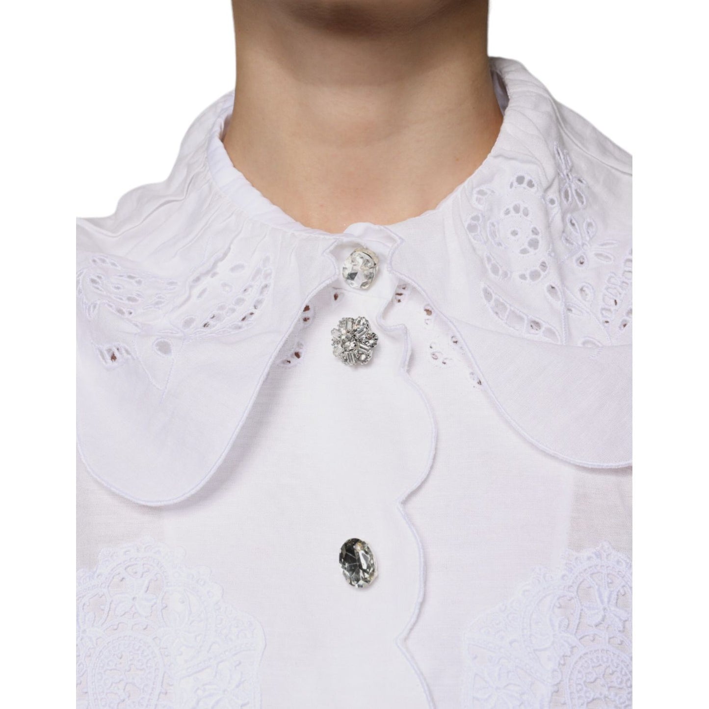 Dolce & Gabbana White Cotton Lace Trim Collared Blouse Top TSH86793-40