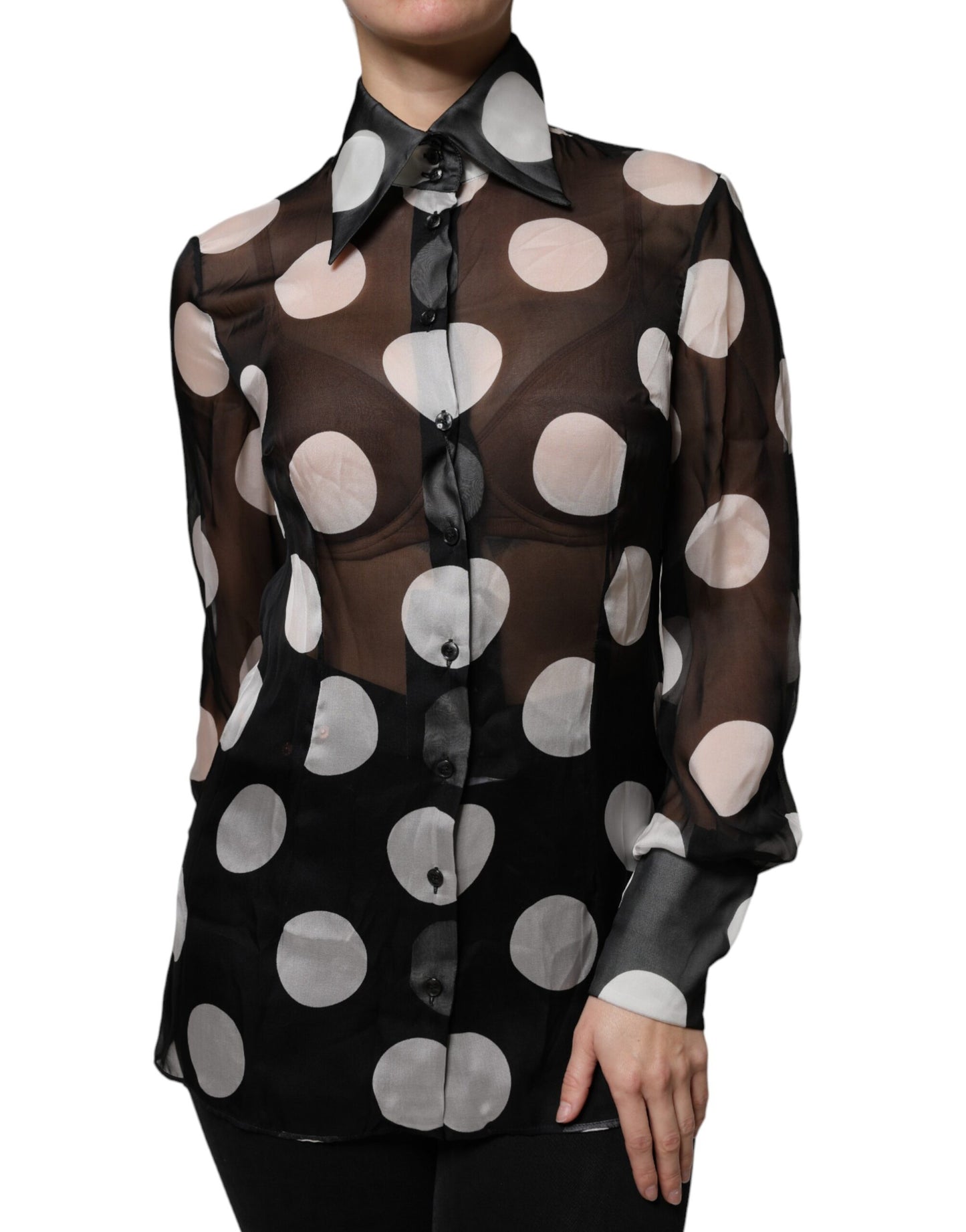 Dolce & Gabbana Black White Polka Dots Silk Long Sleeves Top TSH86801-42