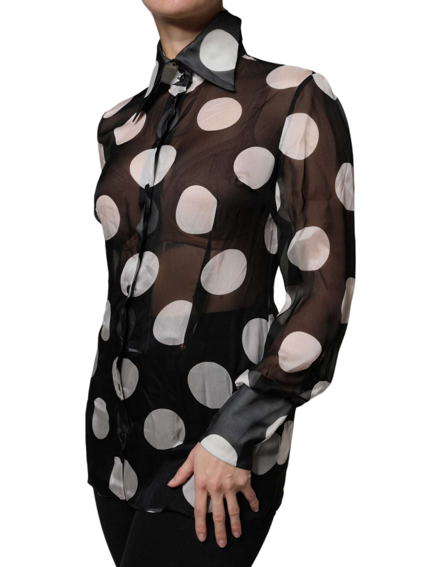 Dolce & Gabbana Black White Polka Dots Silk Long Sleeves Top TSH86801-42