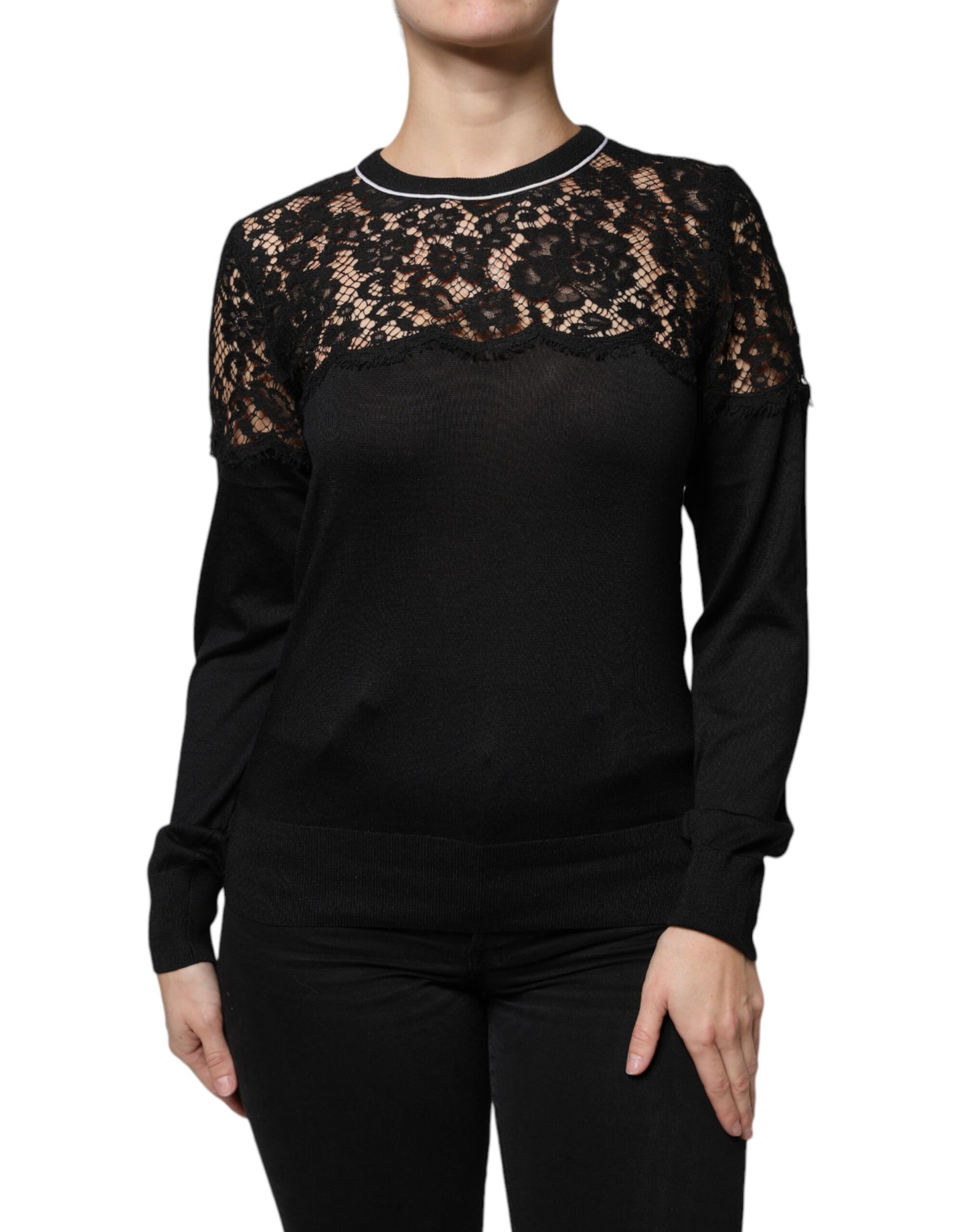 Dolce & Gabbana Black Floral Lace Silk Pullover Blouse Top TSH86804-42