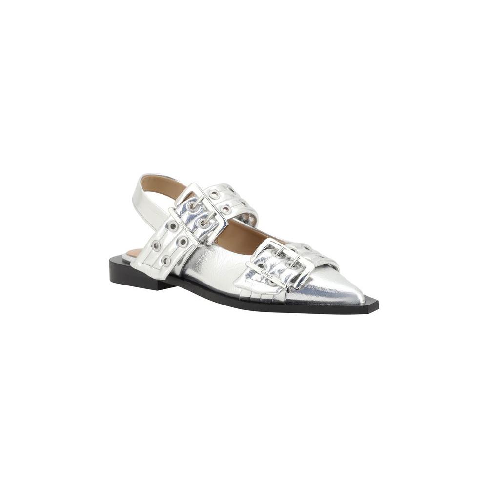 Ganni Buckle Metallic Ballerinas Ganni Light Gray