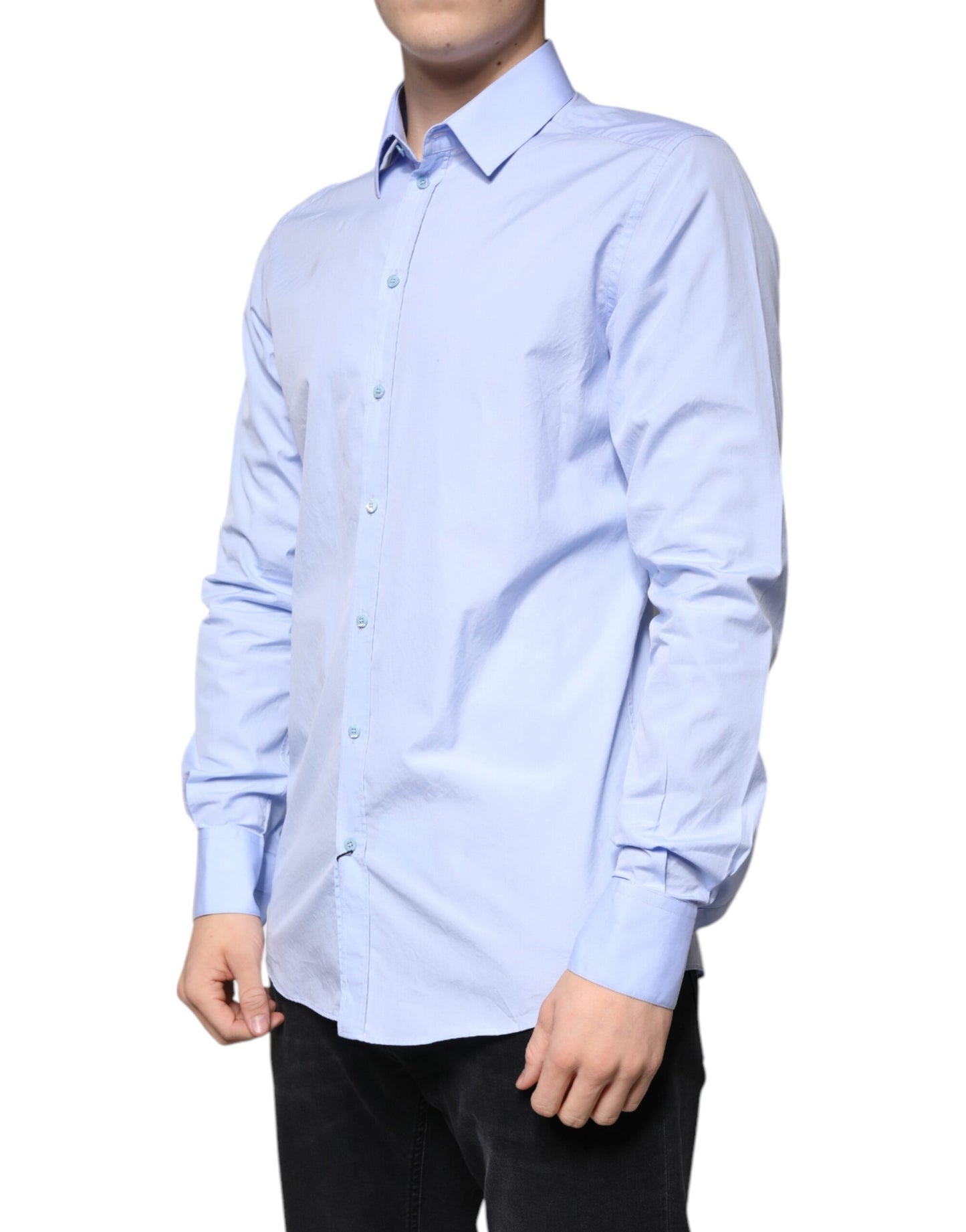Dolce & Gabbana Light Blue Cotton Slim Fit GOLD Men Dress Shirt TSH86489-41
