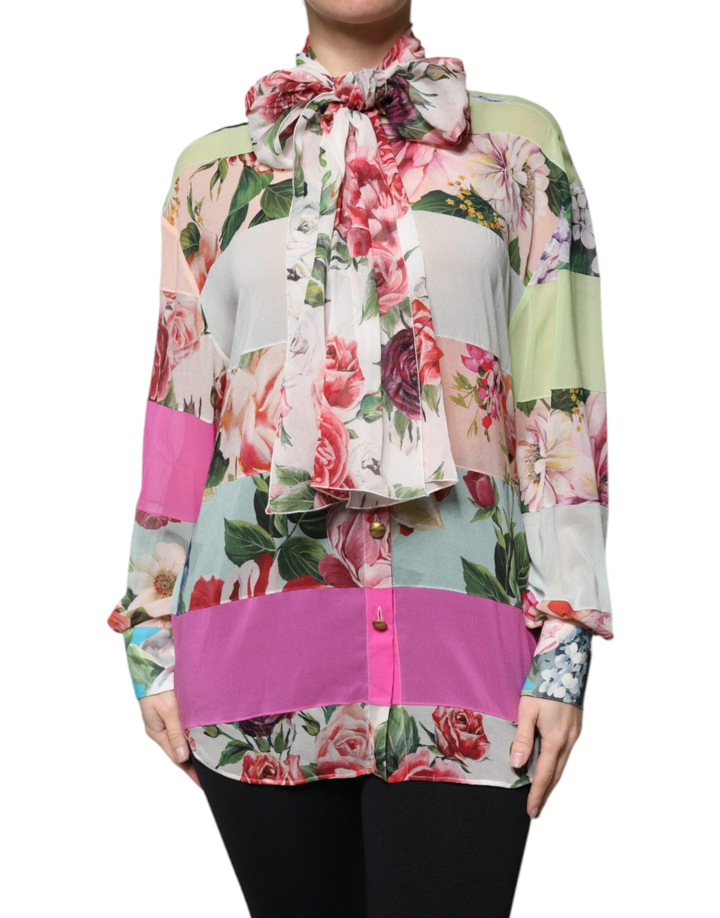 Dolce & Gabbana Multicolor Floral Patchwork Ascot Collar Top TSH86535-38