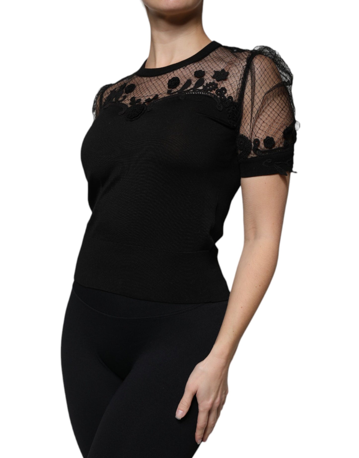 Dolce & Gabbana Black Floral Lace Short Sleeves Blouse Top TSH86836-38