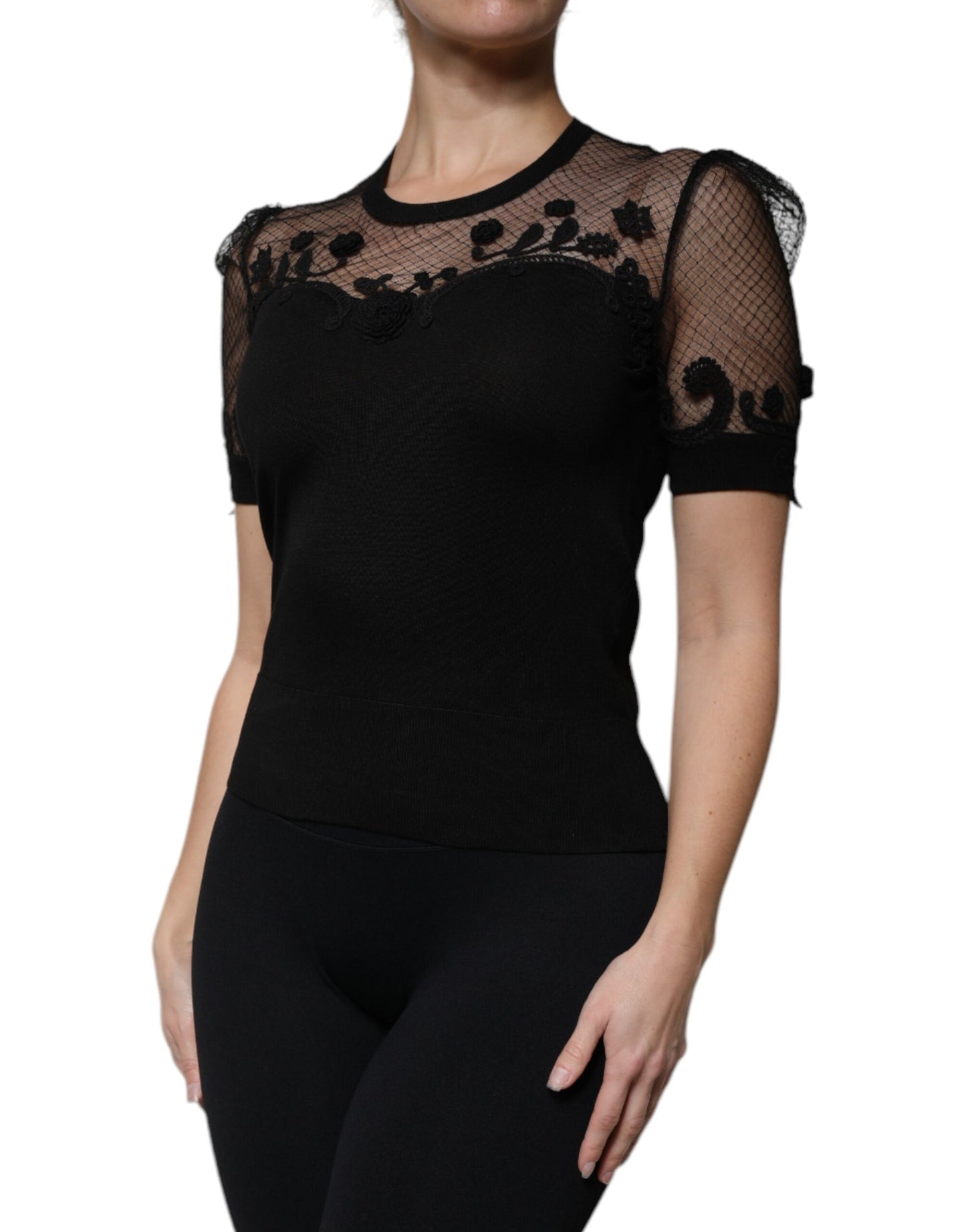 Dolce & Gabbana Black Floral Lace Short Sleeves Blouse Top TSH87028-40