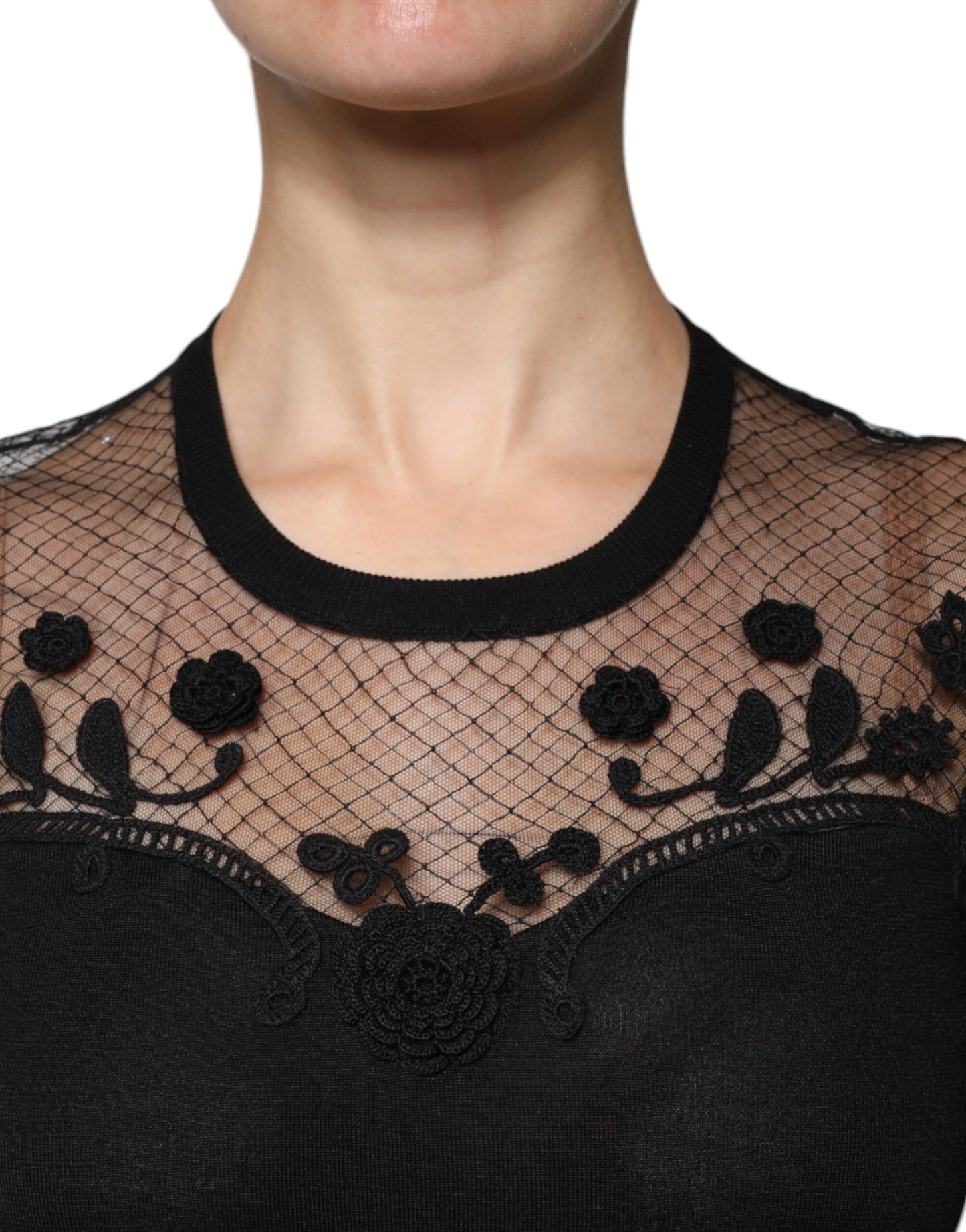Dolce & Gabbana Black Floral Lace Short Sleeves Blouse Top TSH87028-40