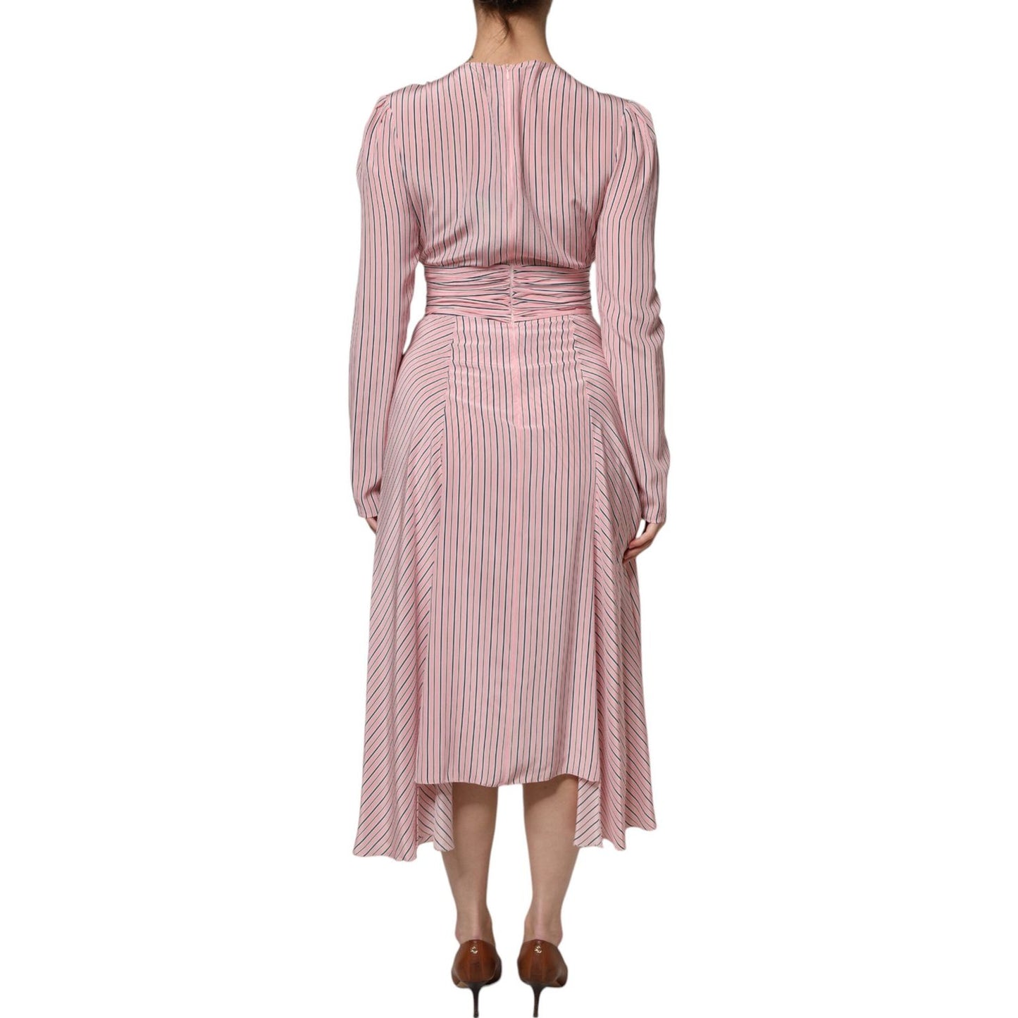 Ermanno Scervino Pink Stripes Silk Long Sleeves Midi Dress DR281401-38