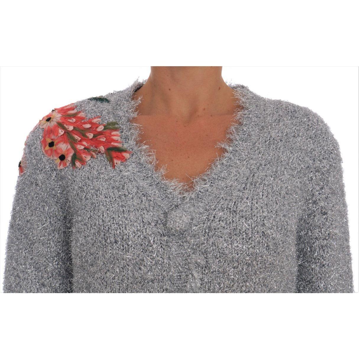 Dolce & Gabbana Elegant Silver Floral Applique Cardigan Dolce & Gabbana Slate Gray
