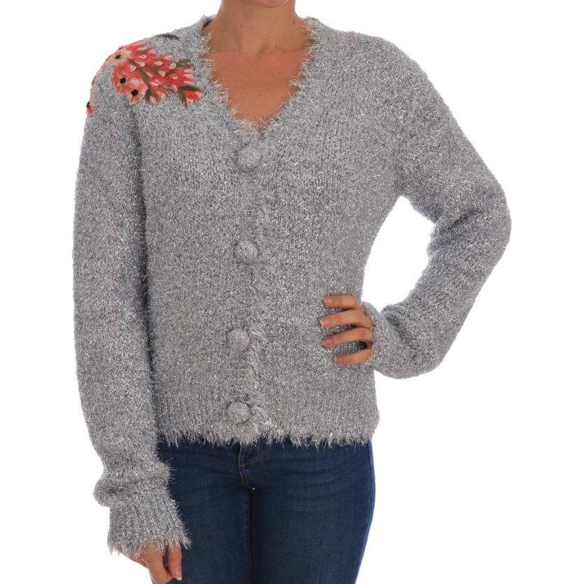 Dolce & Gabbana Elegant Silver Floral Applique Cardigan Dolce & Gabbana Light Slate Gray