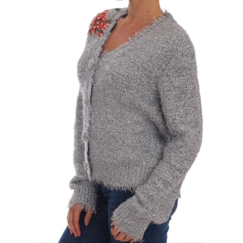 Dolce & Gabbana Elegant Silver Floral Applique Cardigan Dolce & Gabbana Slate Gray