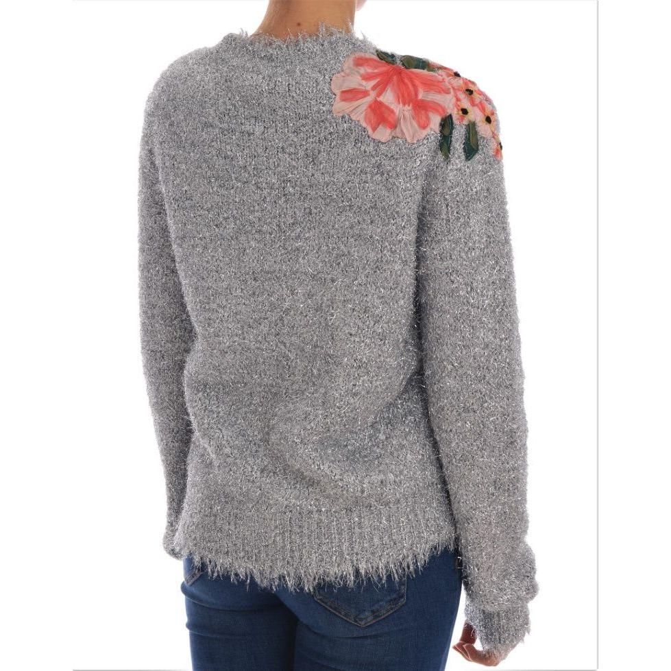 Dolce & Gabbana Elegant Silver Floral Applique Cardigan Dolce & Gabbana Light Slate Gray