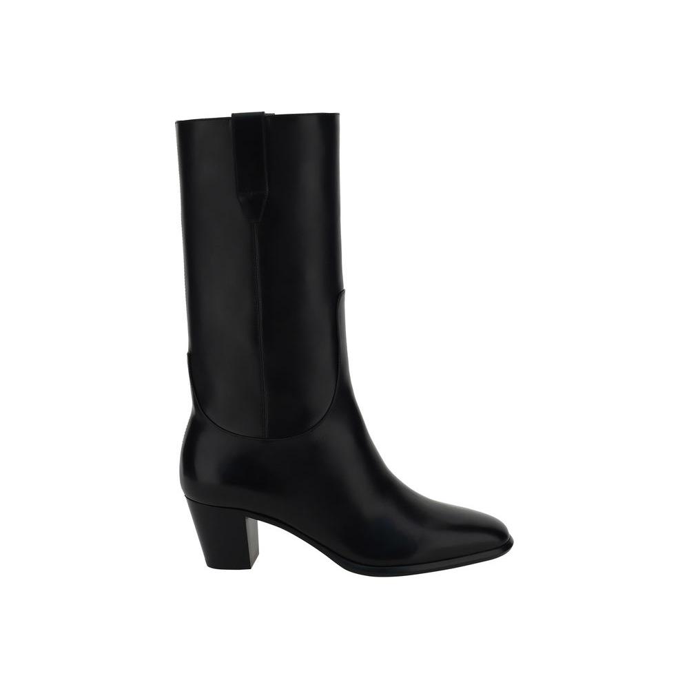 Francesco Russo Leather Boots with Elongated Toe, Slip-On Design, Geometric Heel, Below-Knee Height