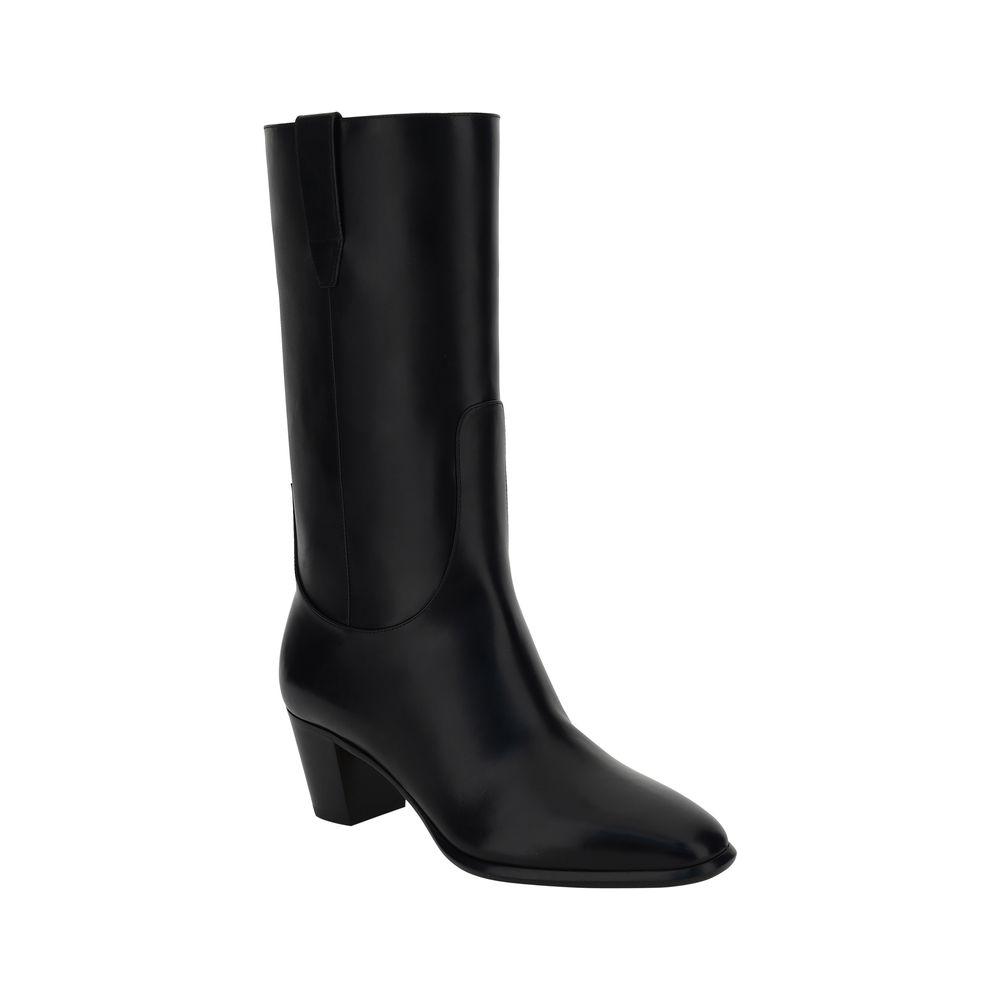 Francesco Russo leather boots with elongated toe, slip-on design, geometric heel, and below-knee height.