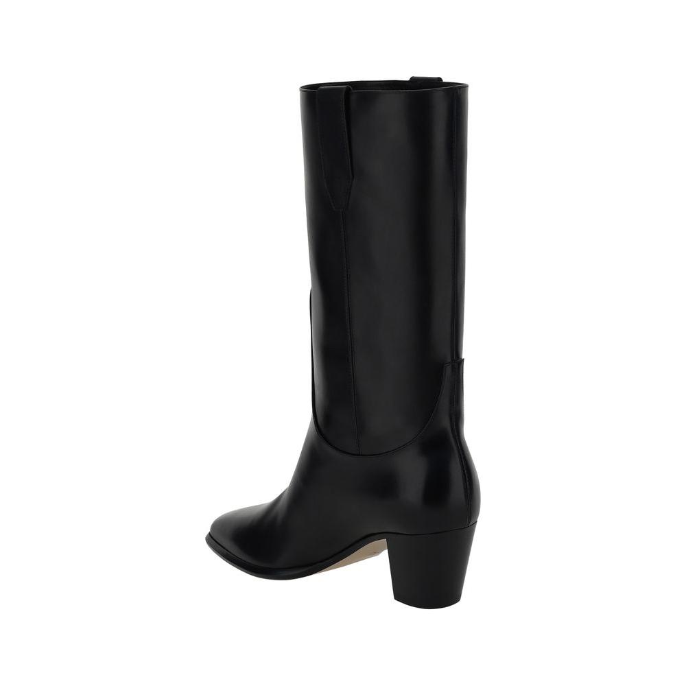 Francesco Russo black leather boots with elongated toe, slip-on design, geometric heel, below-knee height, side view.