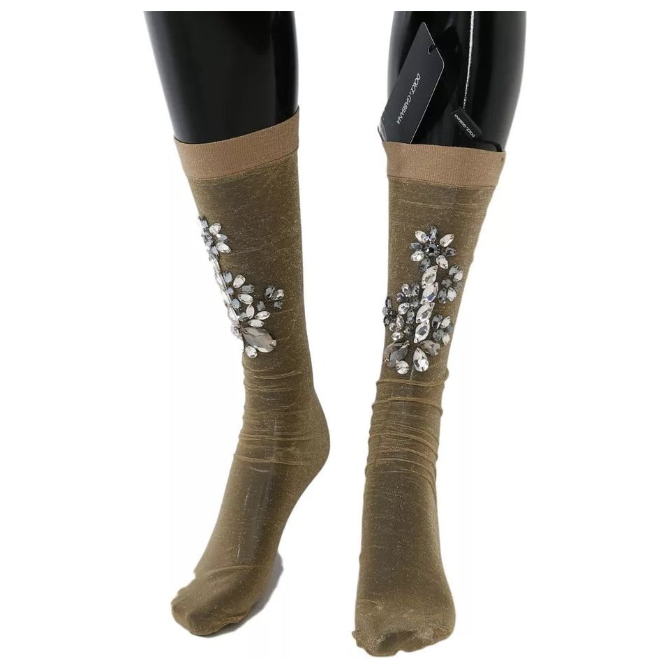 Dolce & Gabbana Gold Stretch Floral Clear Crystal Stocking Socks 1728,20% Metal,23% Polyester,5% Elastane,67345645728,Accessories,Dolce & Gabbana,Gold,M,Material: 52% Nylon,New with tags,Other - Women - Accessories,S,Women,Women - Accessories Dolce & Gabb