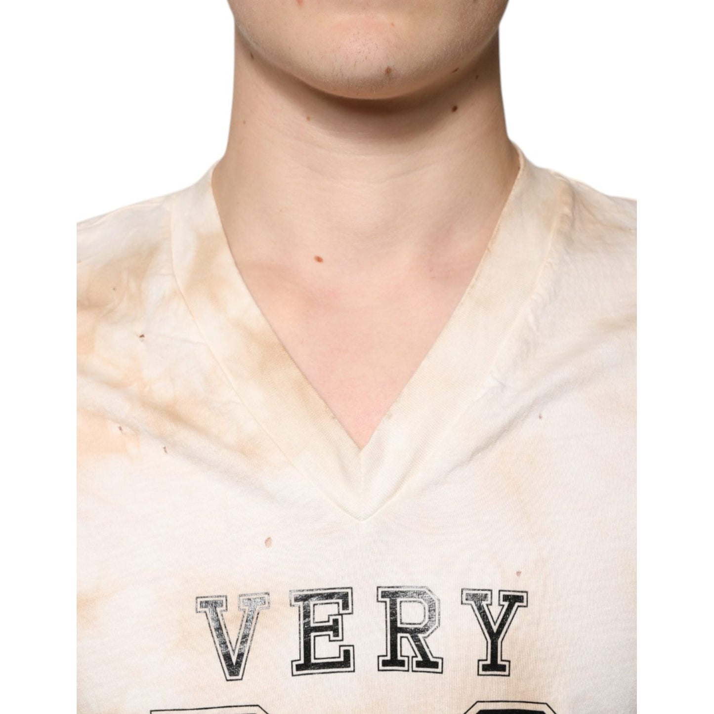 Dolce & Gabbana Beige Graphic Print Cotton V-neck T-shirt