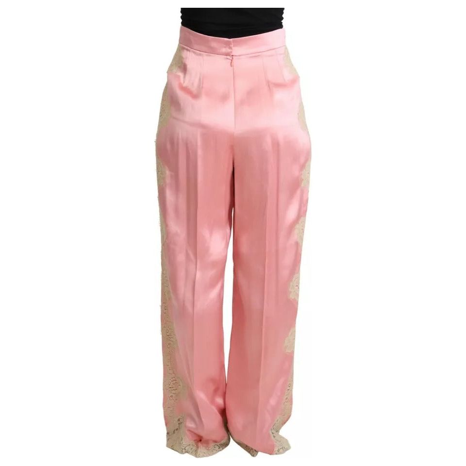 Dolce & Gabbana Pink Lace Trimmed Silk Satin Wide Legs Pants