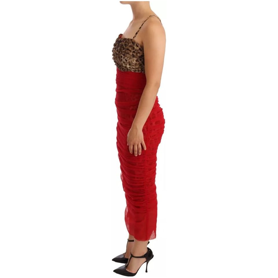 Dolce & Gabbana Brown Leopard Red Tulle Sheath Midi Dress 1728,67345645728,Clothing,Dolce & Gabbana,Dresses - Women - Clothing,IT36 | S,Material: 57% Cotton 18% Nylon 15% Elastane 10% Silk,New with tags,Red,Women,Women - Clothing Dolce & Gabbana DR28736-3