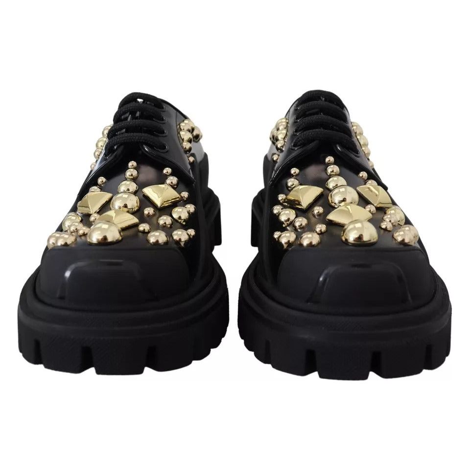 Dolce & Gabbana Black Leather Trekking Derby Embellished Shoes LA12915-36