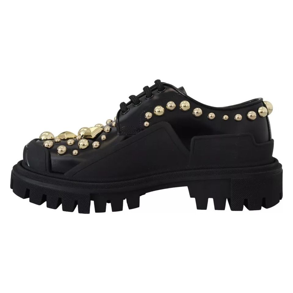 Dolce & Gabbana Black Leather Trekking Derby Embellished Shoes LA12915-36