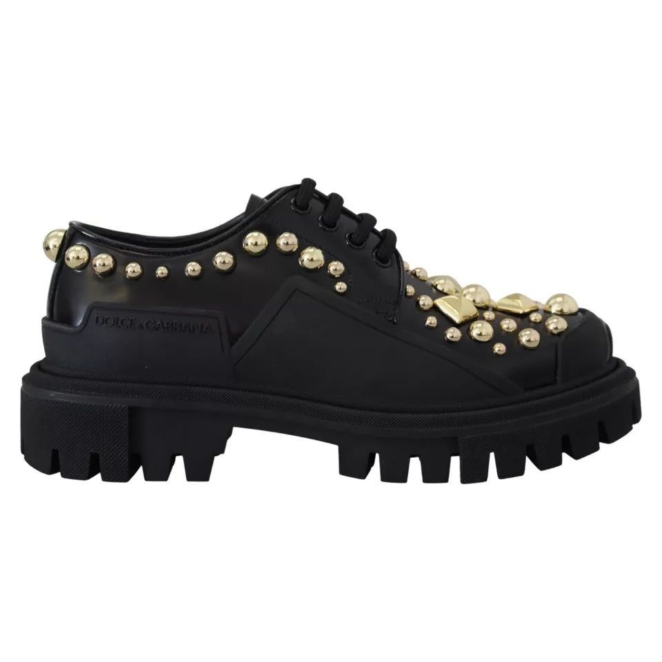 Dolce & Gabbana Black Leather Trekking Derby Embellished Shoes LA12915-36