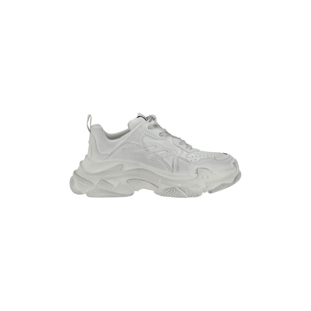 Balenciaga Triple S Sneakers with textured platform sole, woven panel design, lace closure, and embroidered monogram on white leather.