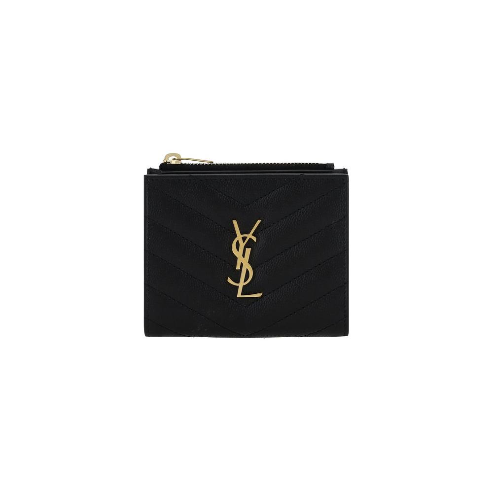 Saint Laurent calfskin wallet with matelassé design, gold monogram, snap closure, and zippered slot pocket, ideal for style and function.