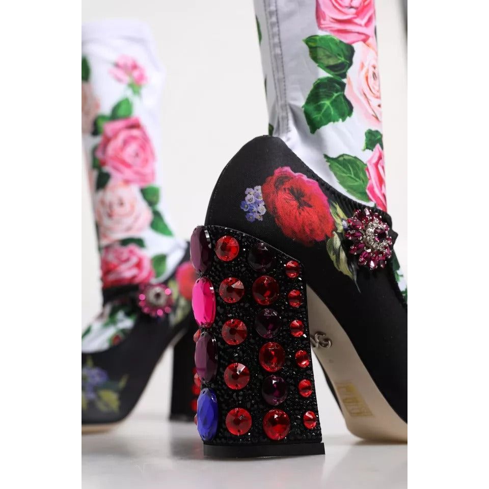 Dolce & Gabbana Black Floral Socks Crystal Boots Jersey Shoes LA12325-38