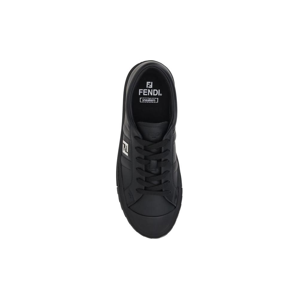Top view of Fendi Domino leather sneakers in black, featuring laces and iconic brand logo, designed for comfort and luxury.