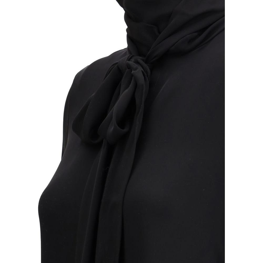 Close-up of black Khaite Tash Silk Shirt with a self-tie sash collar, showcasing its elegant and sophisticated design.